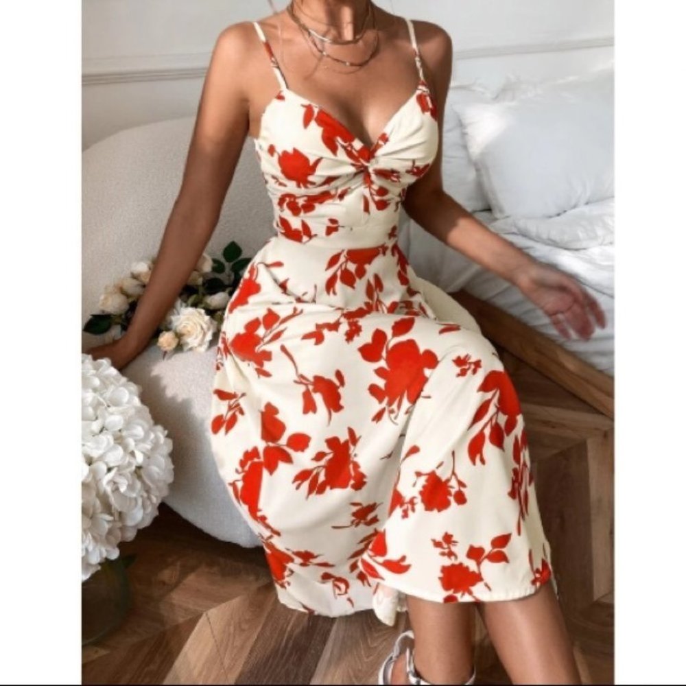 floral leaves print tie back cami maxi dress - Picture 6 of 9